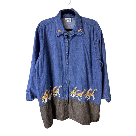 Mir Max Tops - Mir‎ Max Womens 2X Denim Giraffe Shirt Boho Western Artsy Embroidery Lagenlook